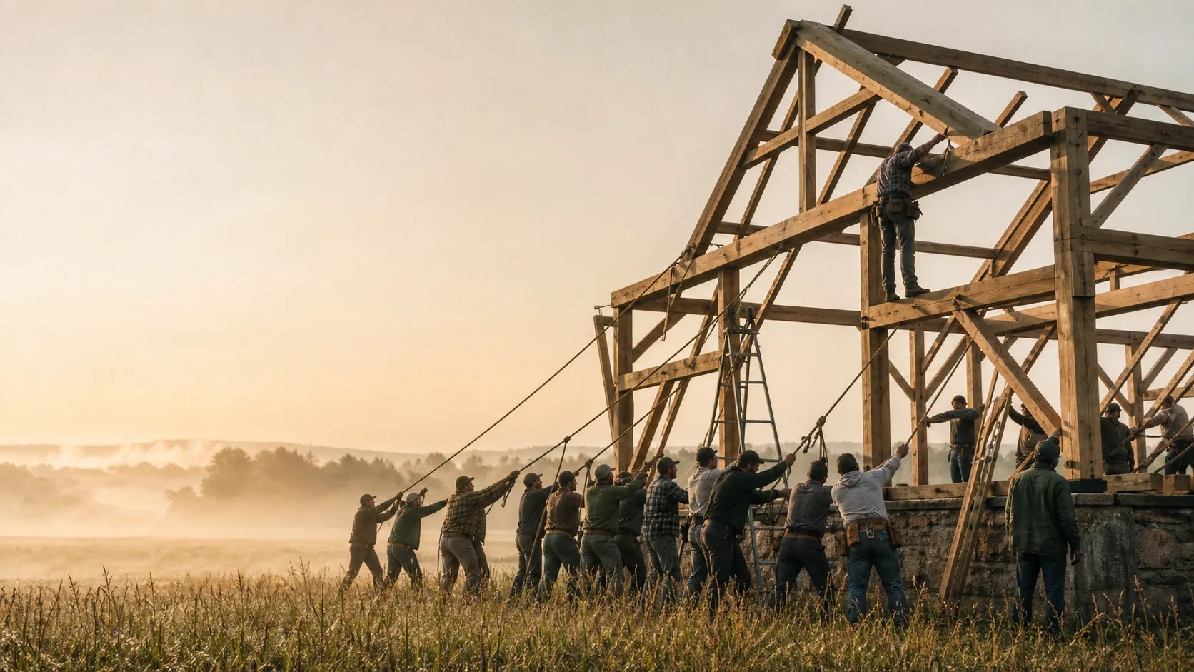 Indiana neighbors raising the timber frame of a new barn together at sunrise
